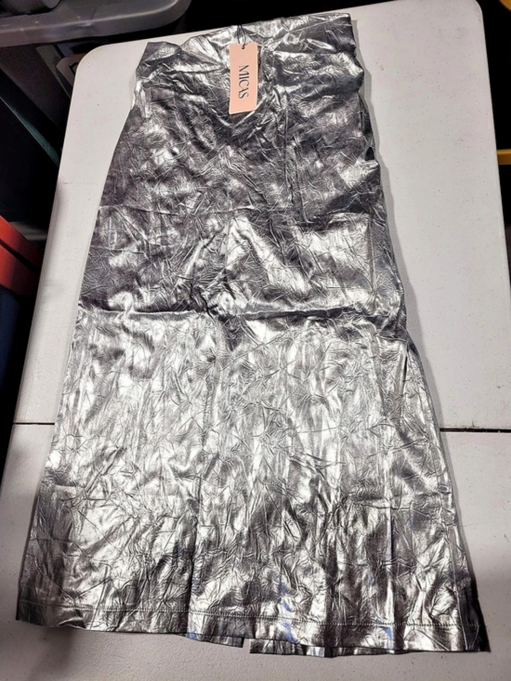 Micas Metallic Silver Midi Skirt